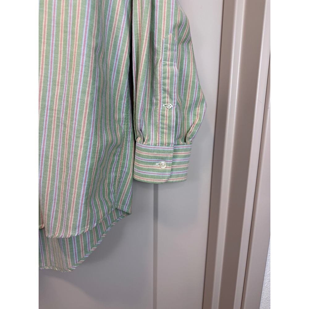 Lands' End Original Oxford Button Down Shirt Size 16.5 / 32 Green Pink Stripe - Picture 4 of 8
